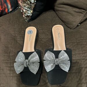 Forever 21 Black Mules with Silver Bow